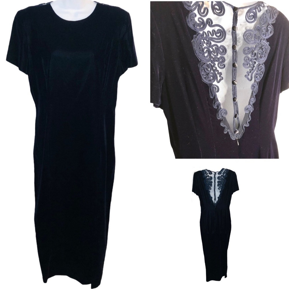 Vintage 90s Mesh V-Back Long Velvet Dress Navy 12